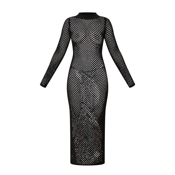 Prettylittlething Black Open Knit Long Sleeve Midaxi Dress NWT UK Size Large - Picture 5 of 7